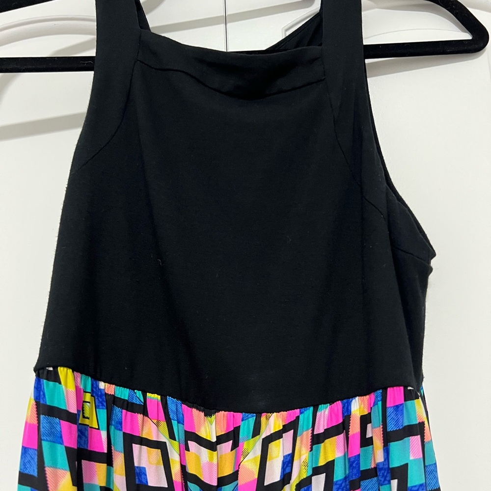 Womens long dress - black stretchy cotton top and silk bottom with two slits.